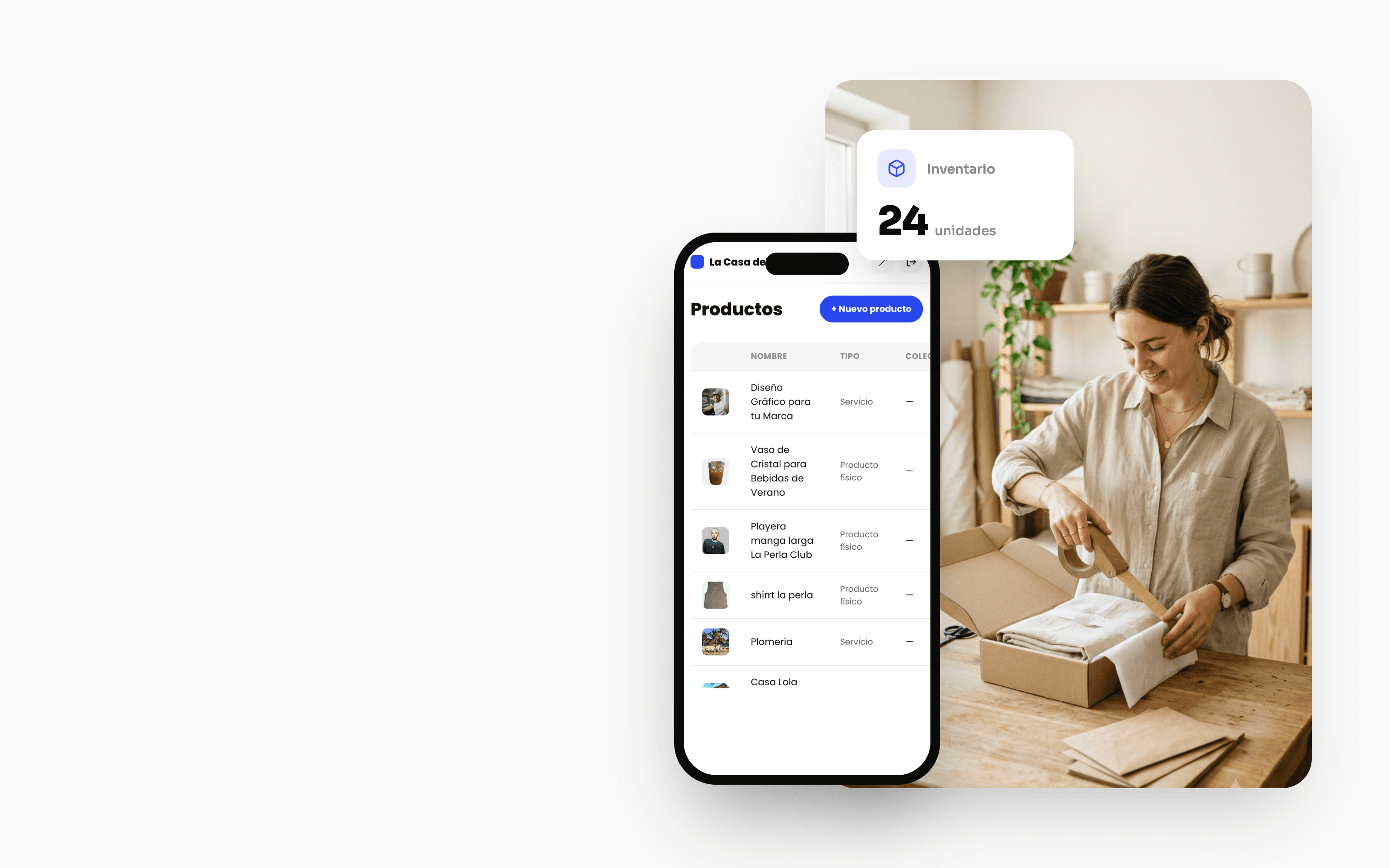 Dashboard de productos de CEO Market en un teléfono, junto a una emprendedora empacando un pedido físico
