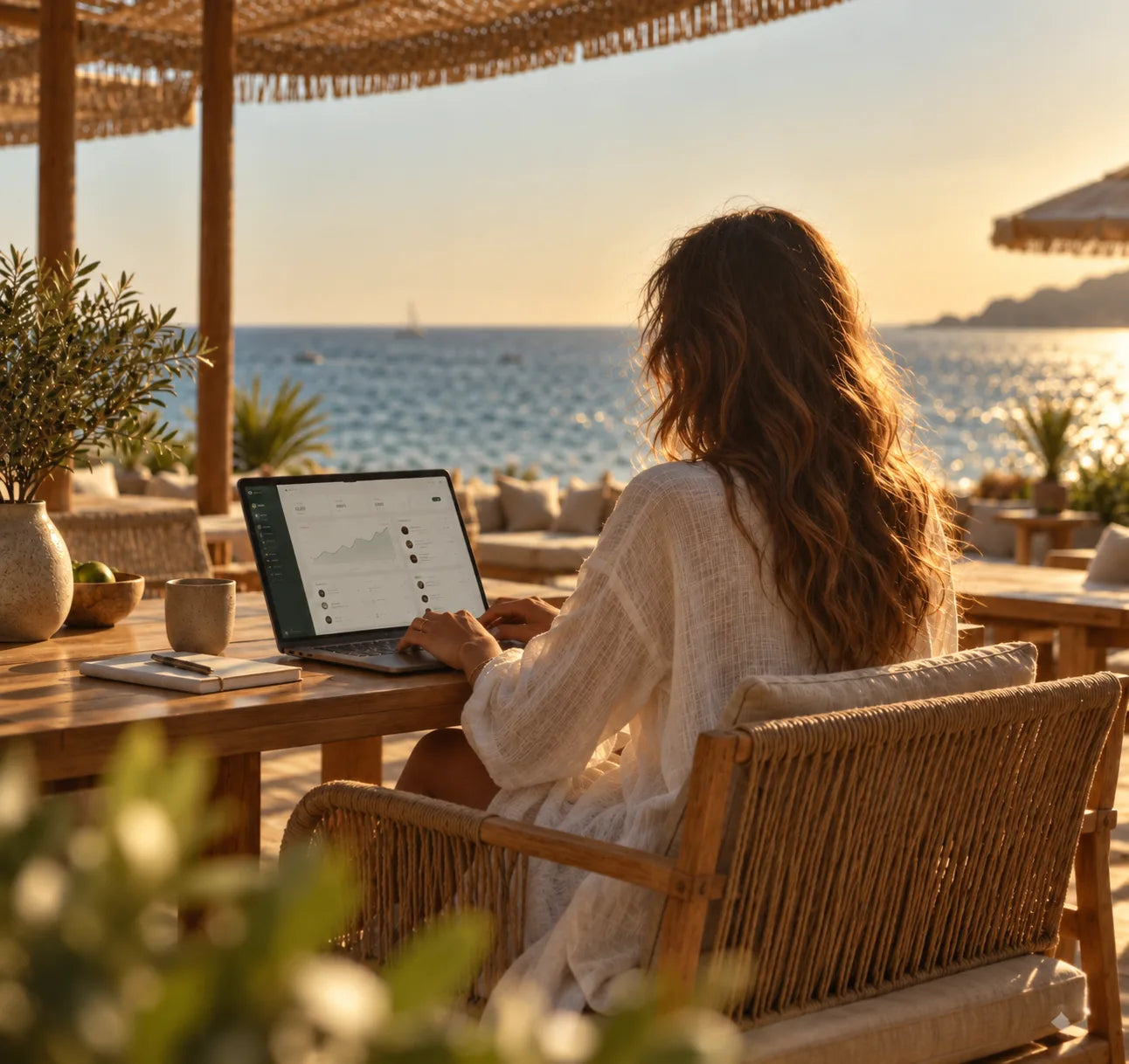 Una emprendedora trabajando con su portátil frente al mar al atardecer